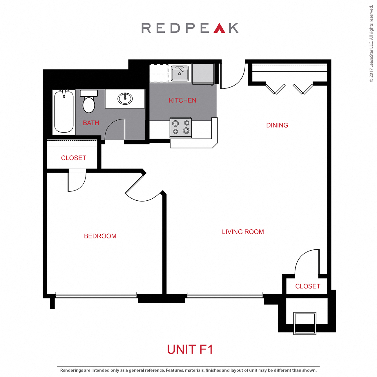 Floor plan for 1 bed, 1 bath, 745 sqft